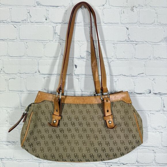 Vintage Y2K Dooney Bourke Monogram Hobo Shoulder Bag Tan Signature